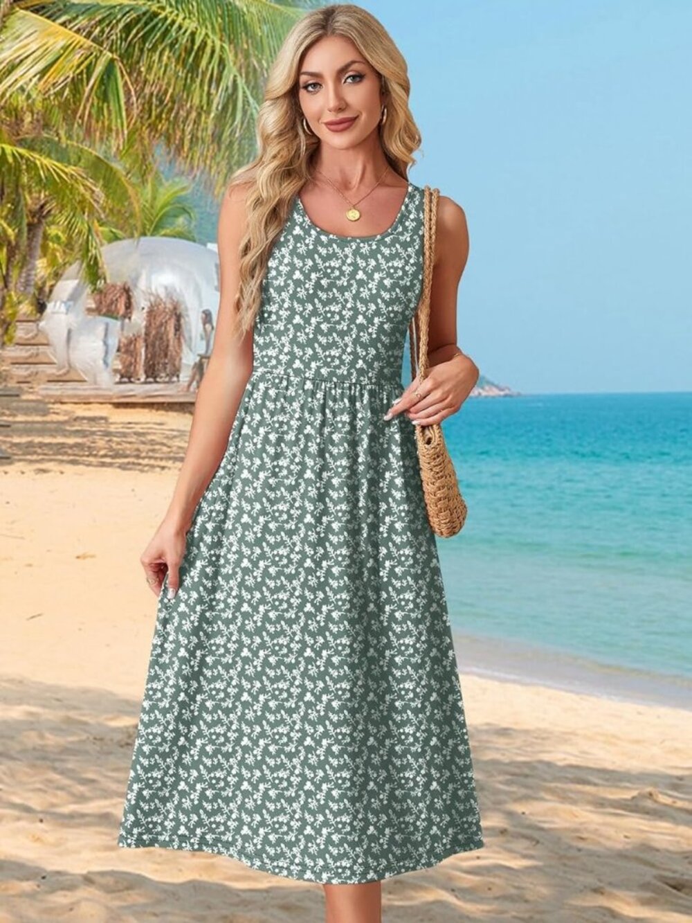 Dresses for Women Flowy Casual Midi Dress Beach Vacation Sundresses with Pockets